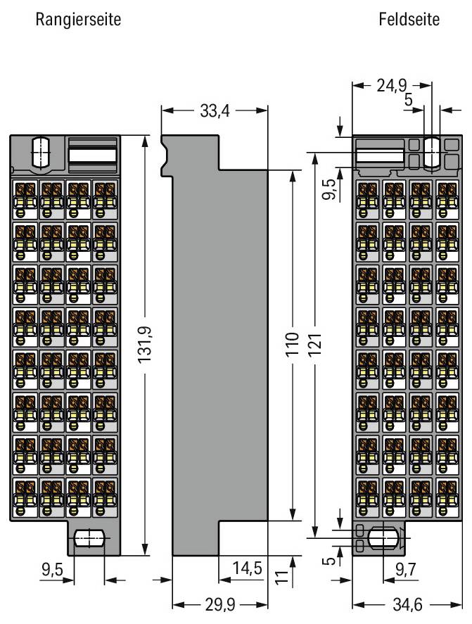 Diagramm einer elektronischen Komponente mit Abmessungen: 131,9 mm Höhe, 34,6 mm Breite. Zeigt Steckerleisten-Anordnungen und Beschriftungen 