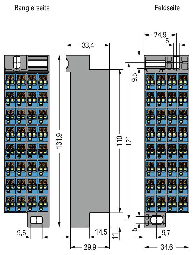 Frontansicht eines elektronischen Steckermoduls mit Abmessungen, zeigt detaillierte Messungen und Komponentenplatzierung auf beiden Seiten.