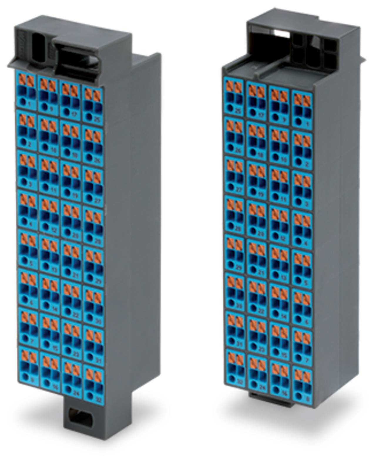 Zwei graue und blaue Elektrostecker mit mehreren orangefarbenen Anschlüssen in Reihen angeordnet, entwickelt für die Schaltungskonnektivität.