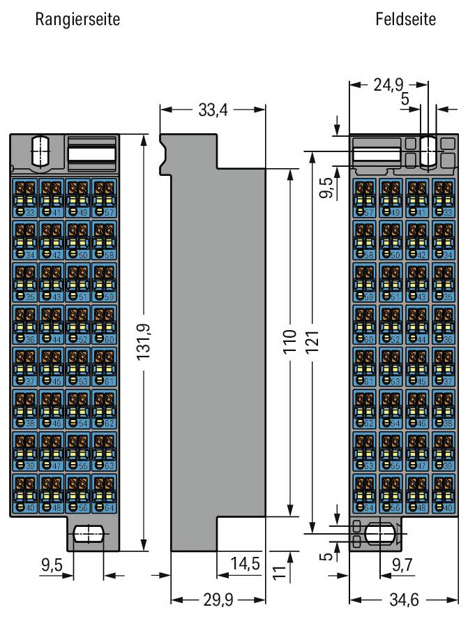 Diagramm mit den Abmessungen einer Elektronikkomponente und Messungen in Millimetern für beide Seiten.