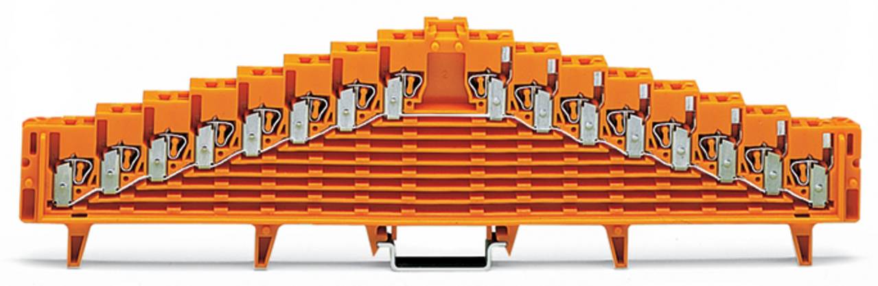 „Reihe von orangefarbenen Klemmblöcken in dreieckiger Form, die für elektrische Verbindungen verwendet werden; jeder Block verfügt über eine Metallklemme zur Drahtklemm.