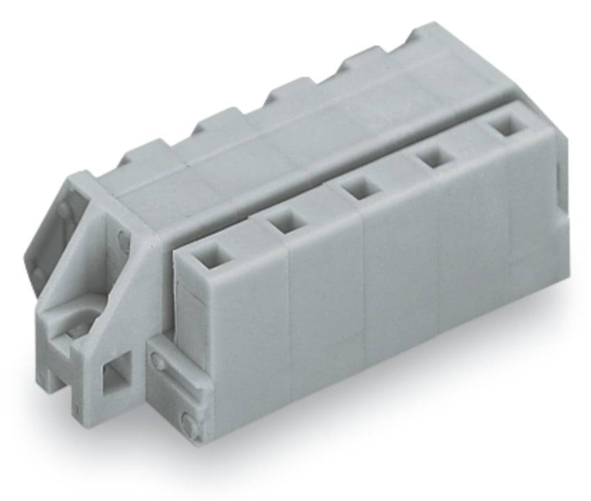 Ein grauer modularer Steckverbinder mit fünf quadratischen Anschlüssen, verwendet für Elektroinstallationen und Verdrahtungsverbindungen.