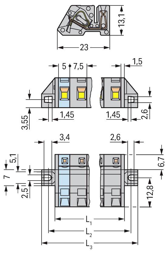Technisches Schaltbild eines Steckers mit Abmessungen, das Seiten- und Draufsichten zeigt. Beinhaltet Maße wie 2,6, 3,4, 18,25 mm.