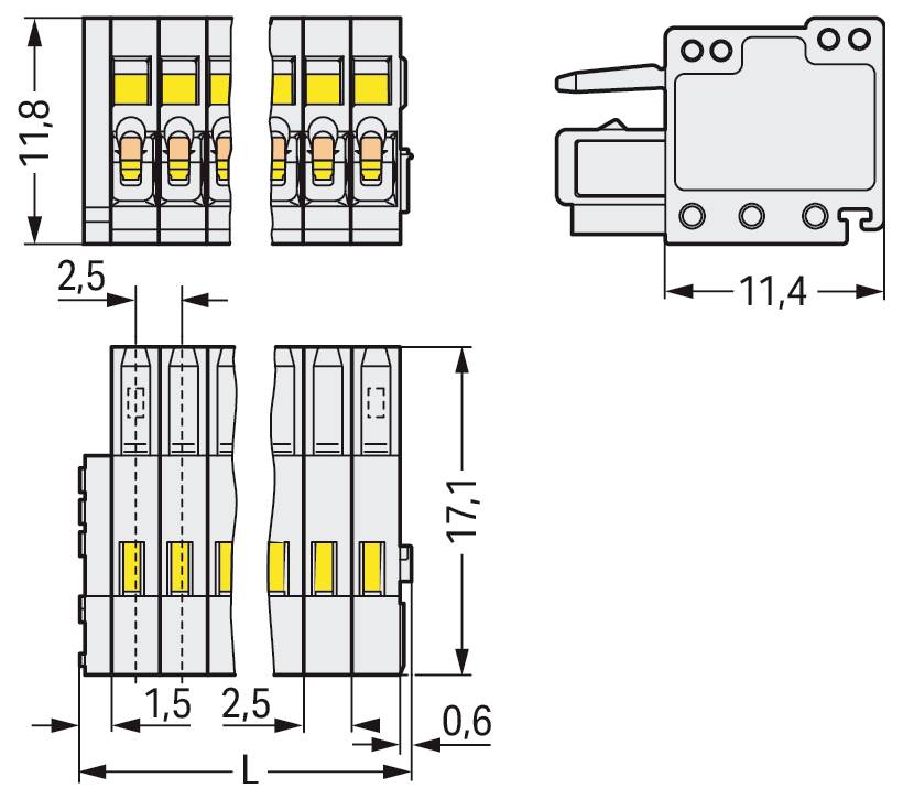 Technische Zeichnung eines Doppelsteckers mit Abmessungen: Draufsicht zeigt Abstände von 2,6, 3,4 und 18,25 mm; Vorderansicht gibt 7, 4,9 mm an; Seitenansicht zeigt Gesamtlänge und Stiftanordnung.