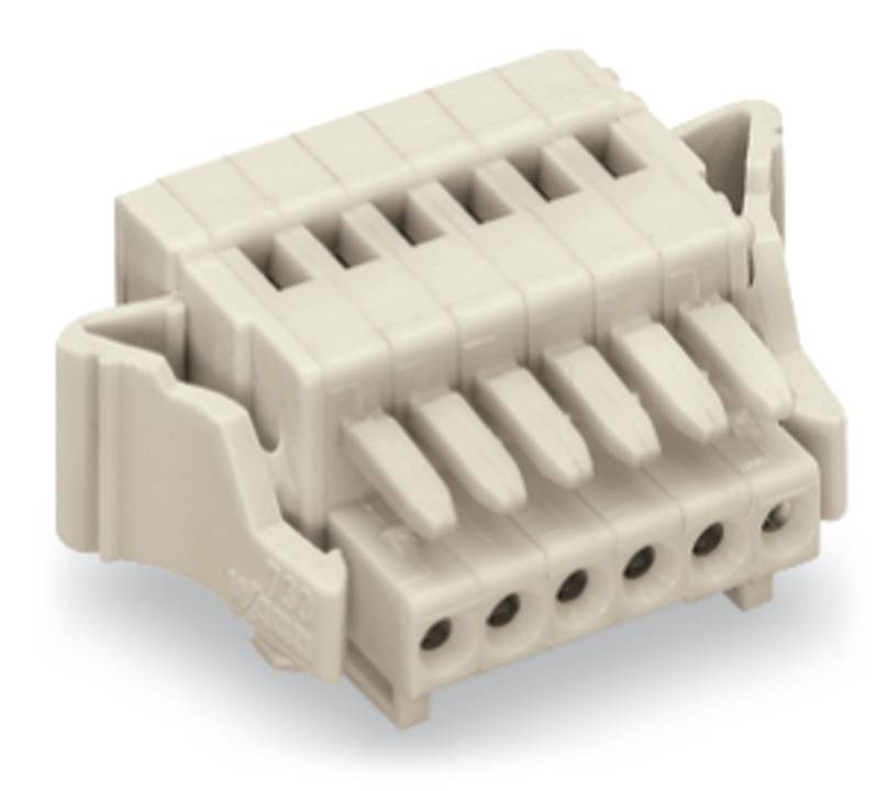 Ein sechspoliges beiges Elektroklemmenblock mit Drahteinführungspunkten und sicheren Verriegelungsclips.