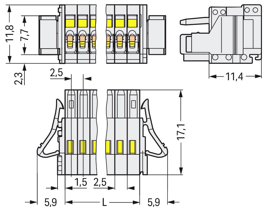 Stecker-Abmessungen und Stiftanordnung: Höhe 18,25 mm, Breite 9,8 mm, Stiftabstand 5 mm. Seitenansicht und Vorderansicht dargestellt.