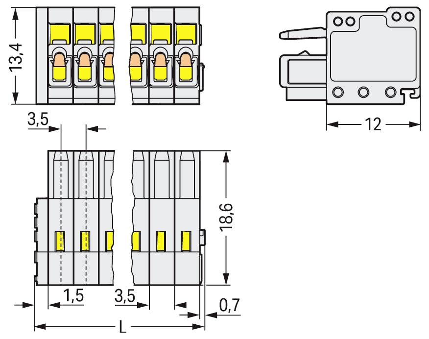 Steckerverbinder-Maßzeichnung mit Vorder- und Seitenansicht. Länge „L