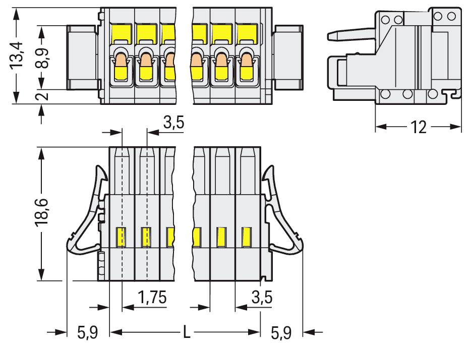 Diagramm von zwei Steckverbindern mit Verriegelungsmechanismen. Abmessungen: 5 mm Breite, 18,3 mm Tiefe, 30 mm Höhe, 45,2 mm Gesamthöhe. L = Polzahl × Modulbreite.