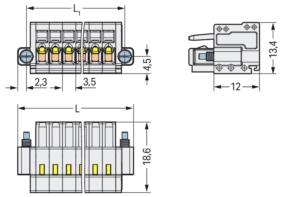 Technische Zeichnung des Steckers mit Abmessungen: Die Seitenansicht zeigt eine Höhe von 13,4 mm und eine Tiefe von 12 mm; Die Draufsicht gibt Abschnitte von 2,3 mm und 3,5 mm an; Die Vorderansicht hat eine Höhe von 18,6 mm.