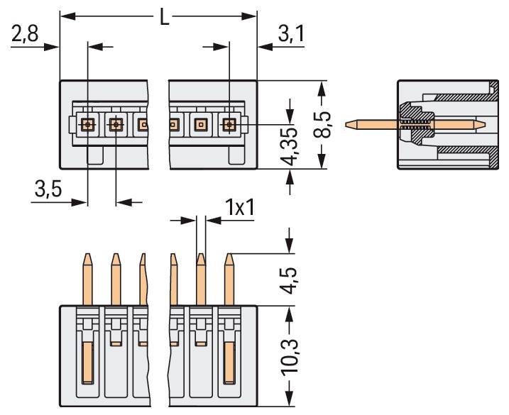 Technisches Schaltbild mit Abmessungen eines Steckers mit Kontaktstiften, einschließlich seitlicher und vertikaler Messungen.