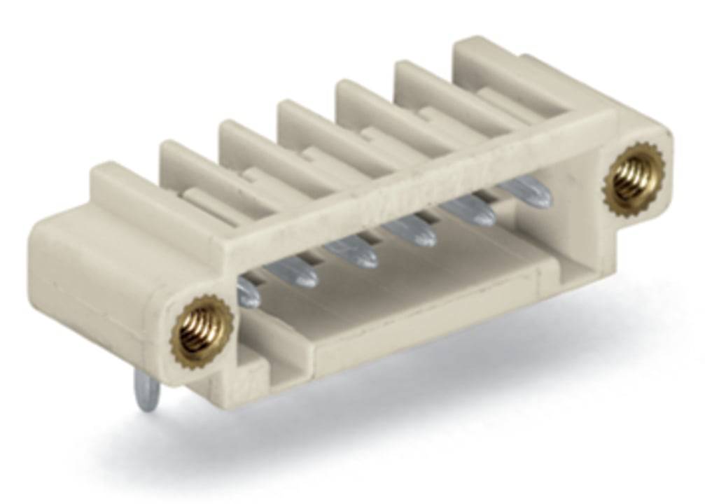 Ein beiger Kunststoffstecker mit sechs Metallstiften und zwei Gewinde-Messingeinlagen, verwendet für elektronische Verbindungen oder zur Befestigung in einem Bedienfeld.