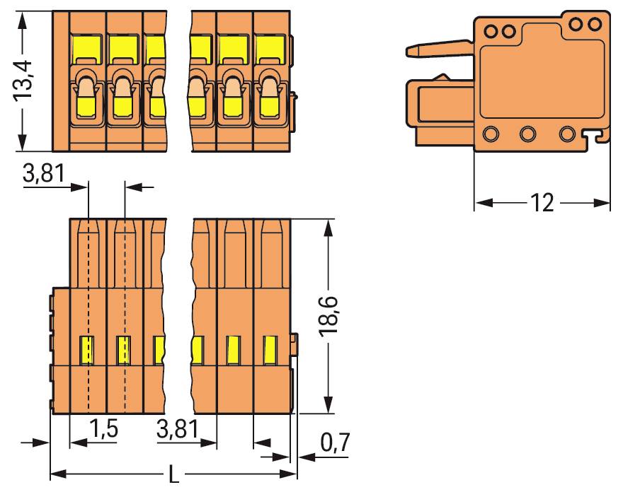 Technisches Diagramm eines elektrischen Steckers mit Abmessungen: Höhe 18,6 mm, Breite 3,81 mm, Tiefen 13,4 mm, 12 mm und 0,7 mm.