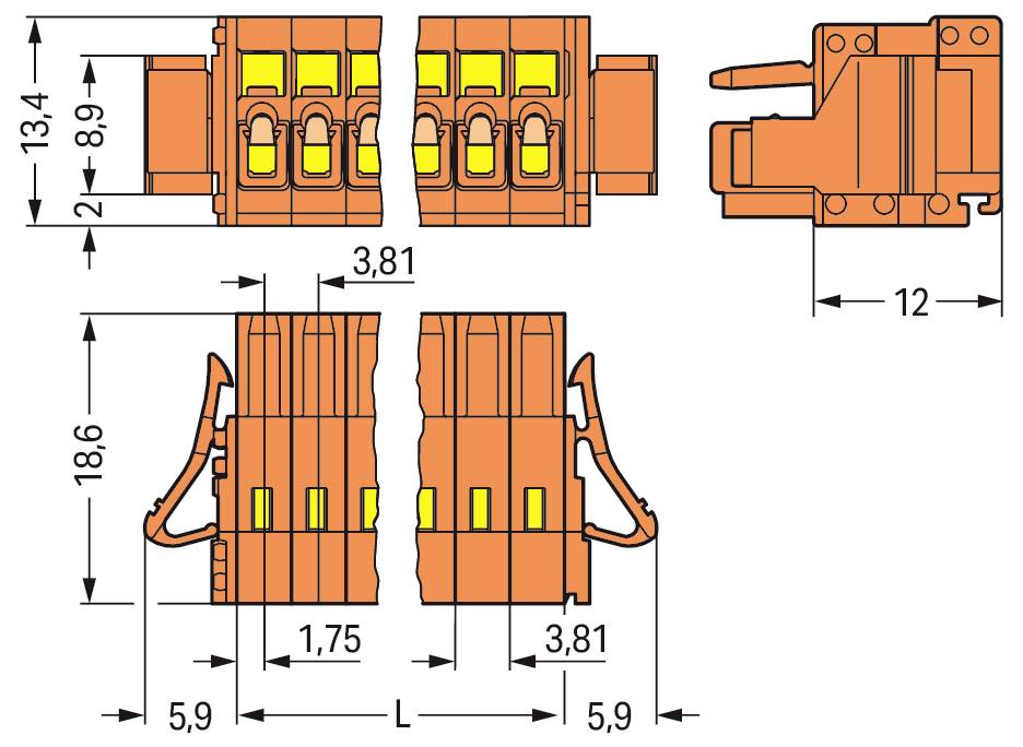 Oranges Stecker-Schaltplan mit Abmessungen: 13,4 x 8,9 mm, 12 mm Tiefe, 18,6 mm Höhe. Mit Details der inneren Komponenten.