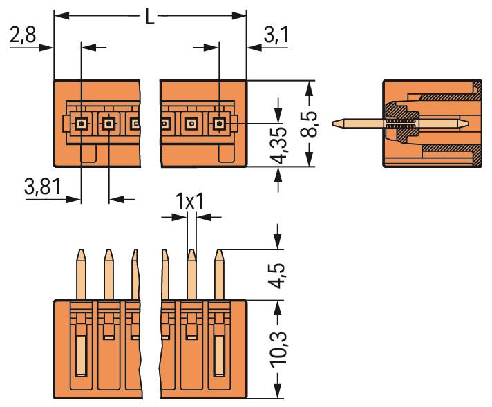 Technisches Diagramm eines orangefarbenen Elektrosteckers mit Abmessungen: Länge (L), 2,8 mm Breite, 3,1 mm und 4,35 mm Höhen.