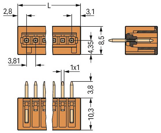 Technisches Diagramm eines orangefarbenen Anschlussverbinders mit Draufsicht, Vorderansicht und Seitenansicht mit Maßen in Millimetern.