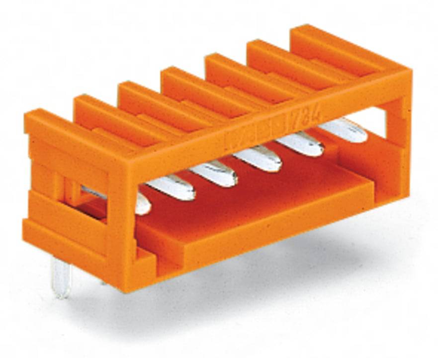 Orangefarbige rechteckige elektronische Komponente mit sechs horizontal verlaufenden Metallstiften.