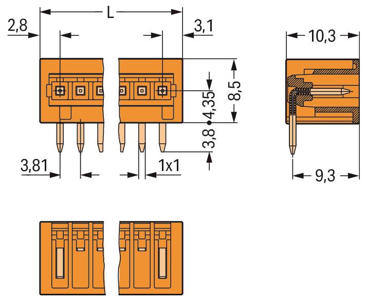 Orangefarbenes Elektrostecker-Technisches Schaltbild mit Abmessungen und innerer Struktur. Die Abmessungen umfassen 2,8x3,1, 3,81 und 10,3x9,3 mm.