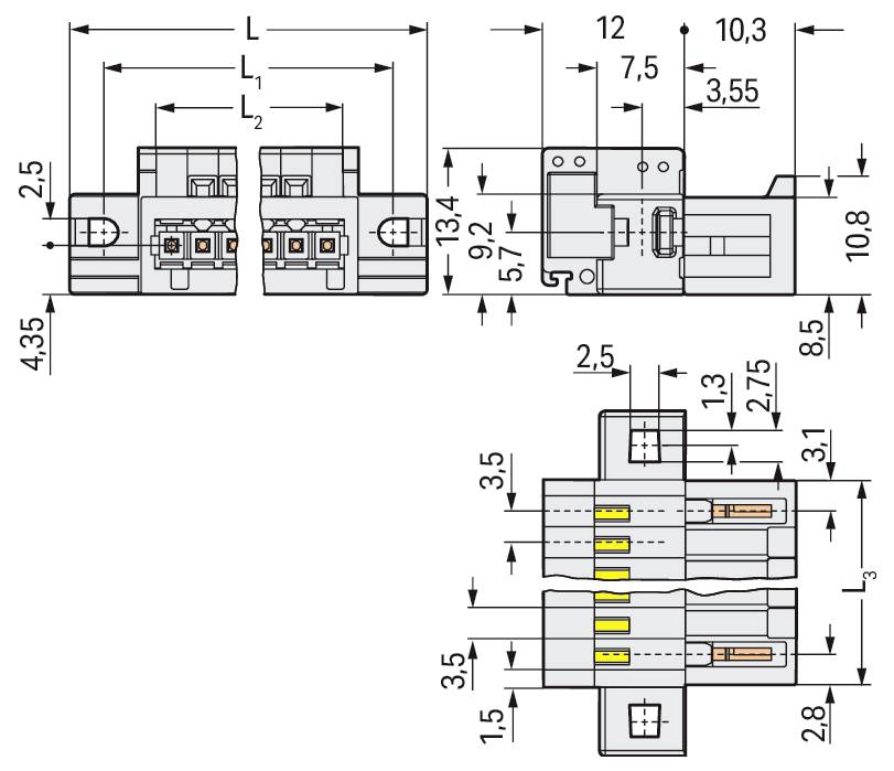Technische Zeichnung eines elektrischen Steckers mit Seiten-, Draufsicht und Vorderansicht, mit Abmessungen in Millimetern, detailliert die Komponentenanordnung.