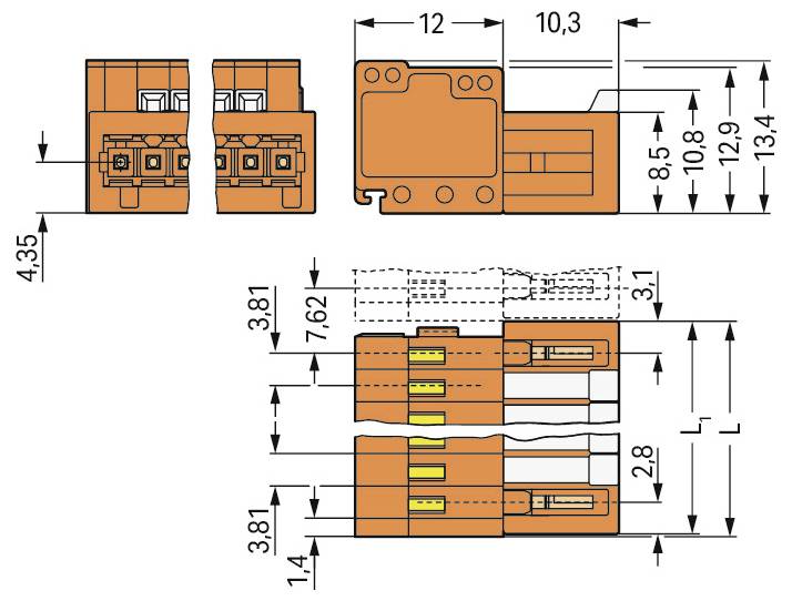 Technisches Schaubild von Elektrosteckverbindern mit detaillierten Abmessungen in Millimetern, das Vorder- und Seitenansichten mit gekennzeichneten Abmessungen zeigt.
