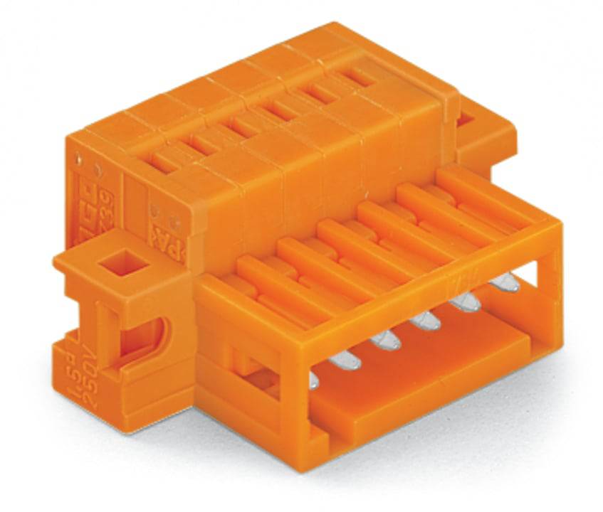 Ein orangefarbiger Elektrostecker mit mehreren Anschlüssen für Kabelverbindungen, der in elektronischen Baugruppen verwendet wird.