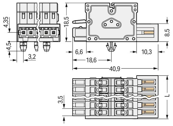 Technisches Diagramm einer elektrischen Komponente mit den Abmessungen 4,35, 4,5, 3,2, 6,6, 18,6, 40,9, 3,5, 10,3, 18,6 und 8,5 mm.