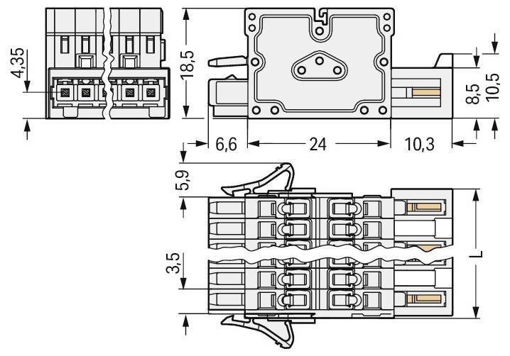 Technisches Diagramm eines elektrischen Steckers. Enthält Abmessungen: 4,35 cm, 18,5 cm, 6,6 cm, 24 cm, 10,3 cm, 8,5 cm. Seiten- und Draufsichten dargestellt.
