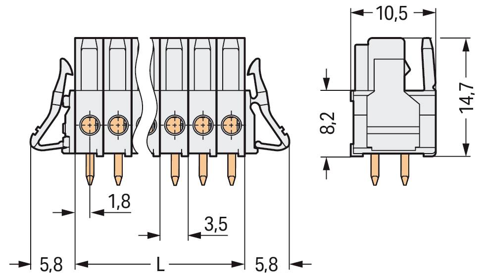 Technisches Diagramm eines Steckerblocks mit Vorder- und Seitenansichten und Abmessungen: 5,8 mm, 1,8 mm, 10,5 mm, 14,7 mm, 8,2 mm, 3,5 mm.