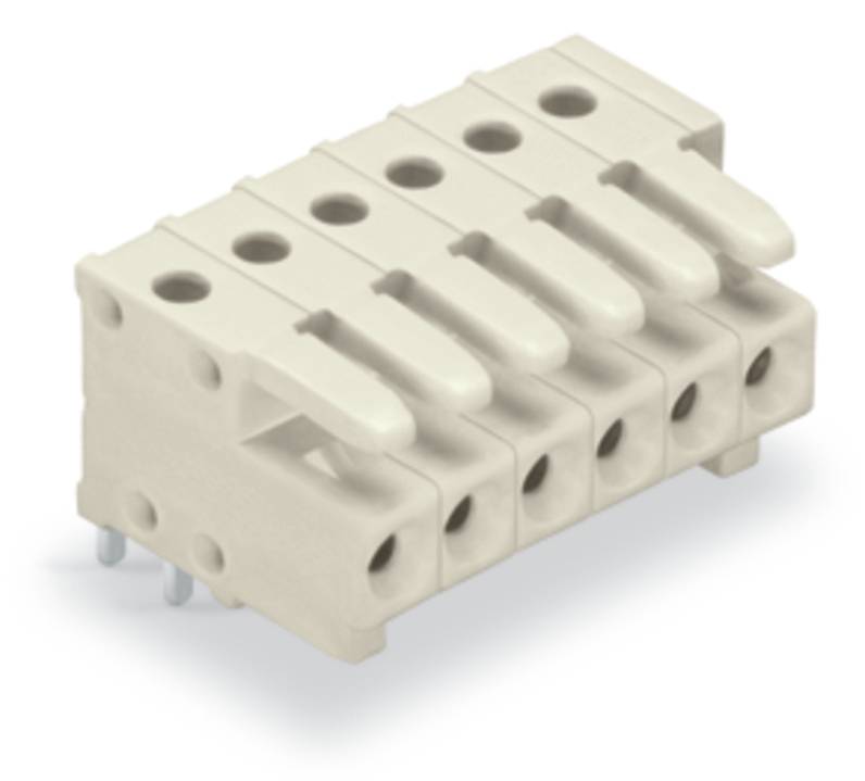 Ein sechspoliger beiger Elektrostecker-Block, Schrägansicht, die die Stiftposition und die Kabeleinführungspunkte zeigt.
