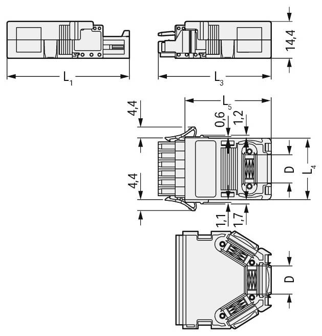 Technisches Diagramm zeigt Steckerabmessungen mit beschrifteten Breiten, Längen und Höhen sowie Maßangaben in Millimetern für jeden Bereich.
