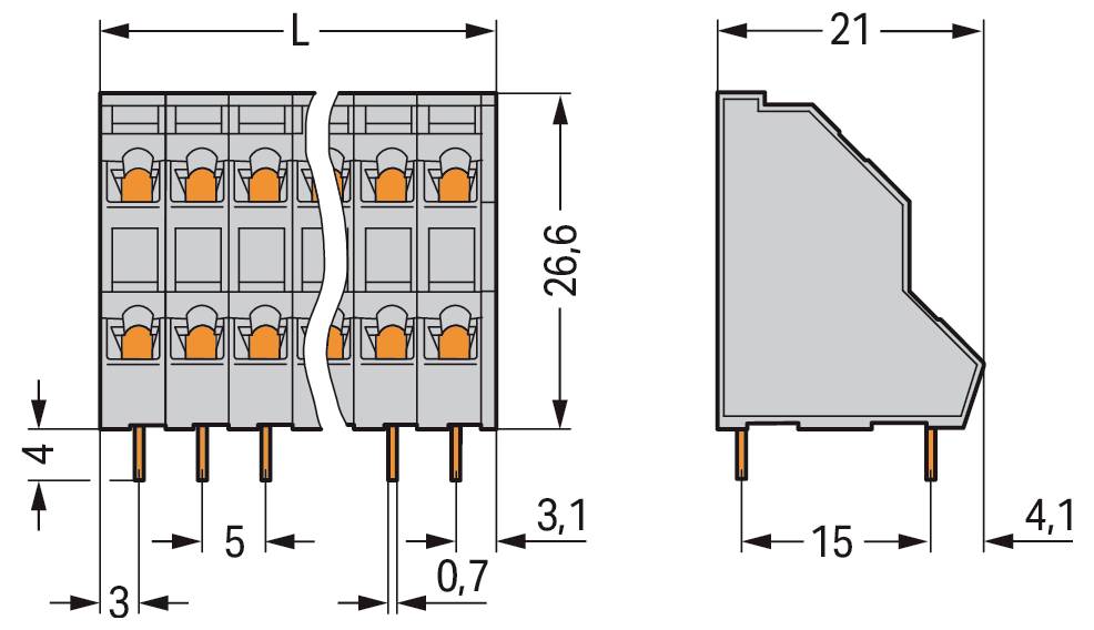 Schaltplan eines orange-grauen Elektroklemmenblocks. Es zeigt Vorder- und Seitenansichten mit beschrifteten Abmessungen, einschließlich Höhe, Länge und Stiftabstand.