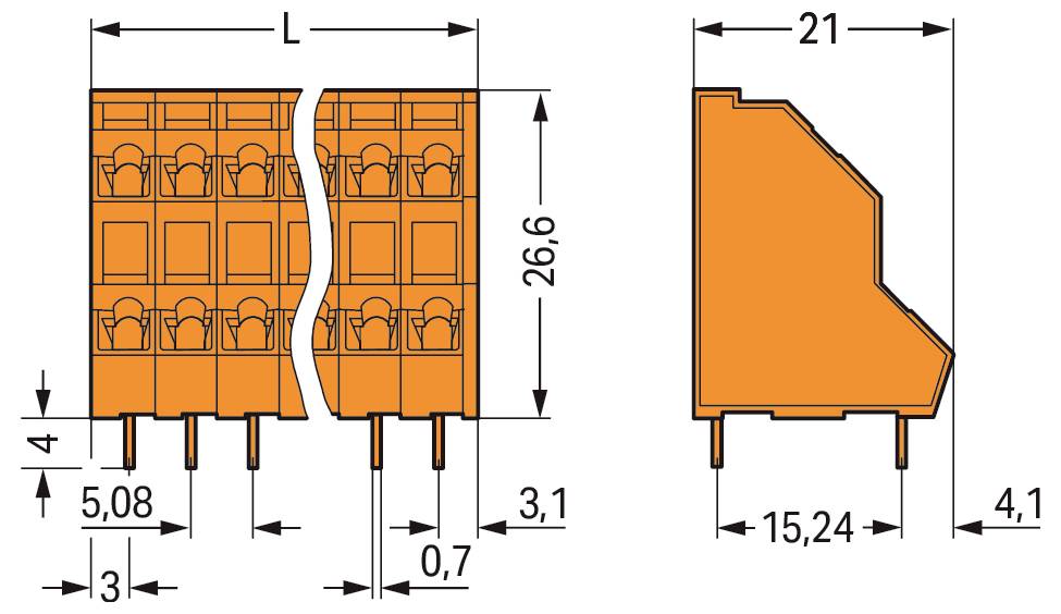 Technisches Diagramm einer orangefarbenen elektronischen Komponente mit gekennzeichneten Abmessungen: Länge (L), Höhe (26,6 mm), Breite (21 mm, 15,24 mm).