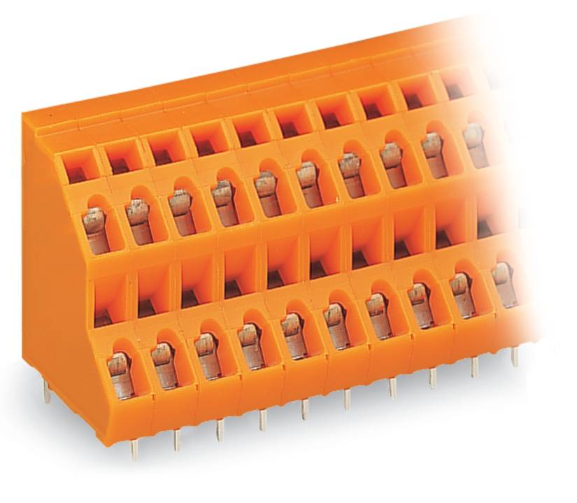 Oranges Klemmleistenblock mit mehreren Steckverbindern und Kontakten, verwendet für elektrische Verdrahtung und Verbindungen in elektronischen Geräten.
