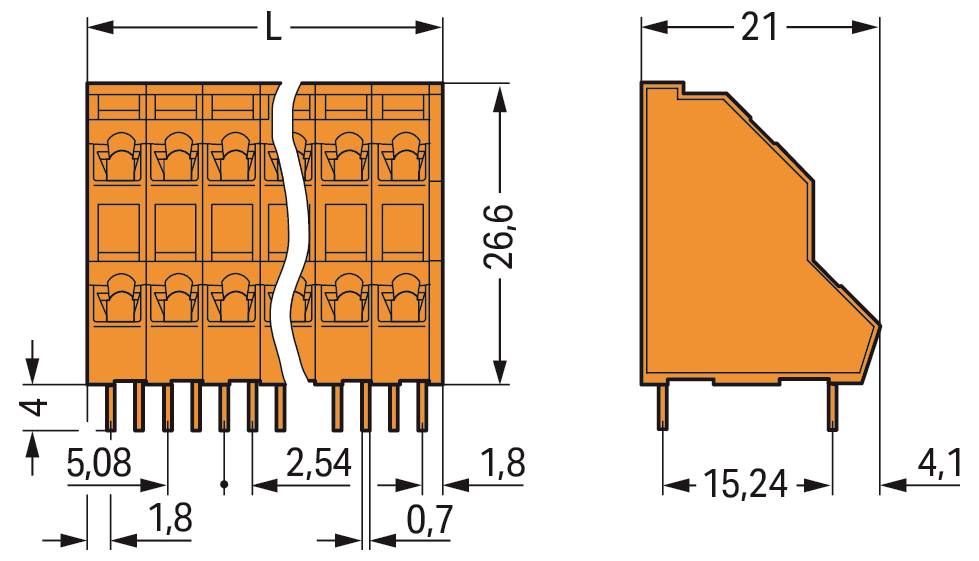 Seiten- und Draufsicht eines orangefarbenen elektrischen Steckers mit Abmessungen: Länge 26,6 mm, Breite 15,24 mm, Höhe 21 mm, Stiftabstand 5,08 mm, zusätzliche Detailmessungen dargestellt.
