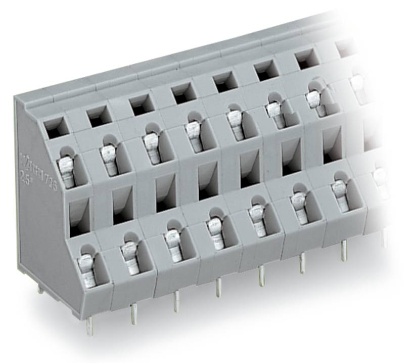 Nahaufnahme eines grauen Elektrosteckverbinders mit mehreren Anschlussöffnungen und Metallkontakten, der zum Befestigen von Drähten in elektronischen Baugruppen verwendet wird.