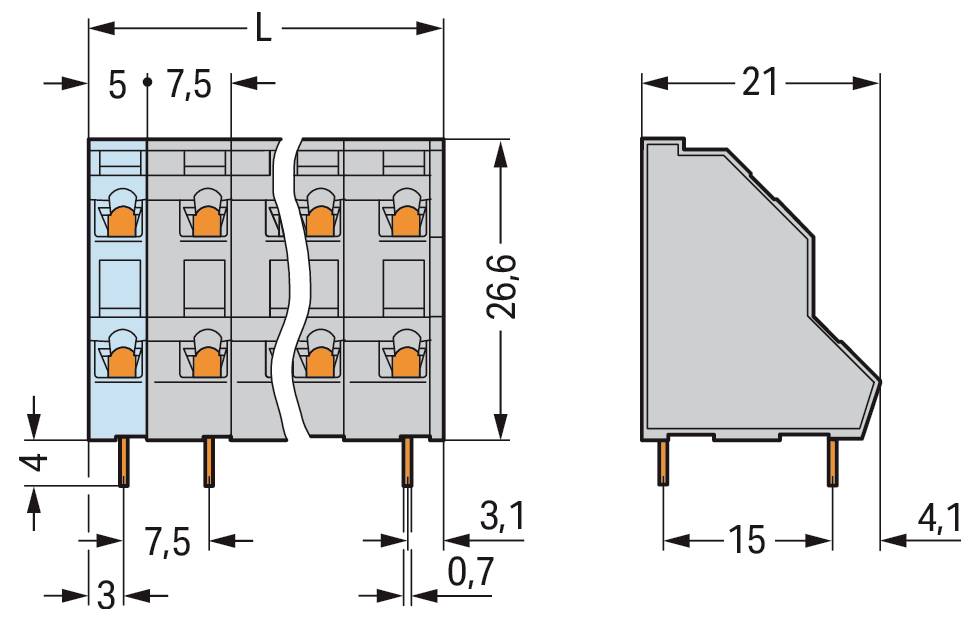 Technische Zeichnung eines Steckers: Frontansicht zeigt Abmessungen von 7,5-mm-Modularblöcken; Seitenansicht zeigt 21 mm Tiefe, 15 mm Höhe.
