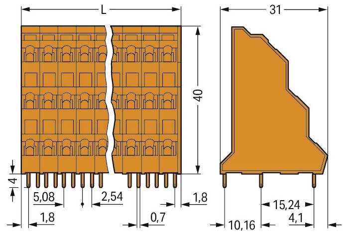 Zwei technische Diagramme eines elektrischen Steckers mit Abmessungen in Millimetern. Vorder-, Seiten- und Draufsichten werden mit Maßen gezeigt.