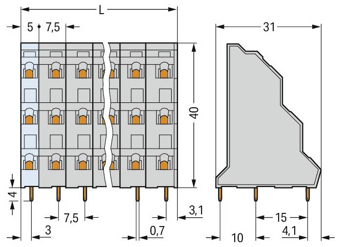 Technische Zeichnung eines elektronischen Steckers mit Maßen: Länge 31 mm, Breite 40 mm, verschiedene Steckerabstände und Stiftdetails dargestellt.