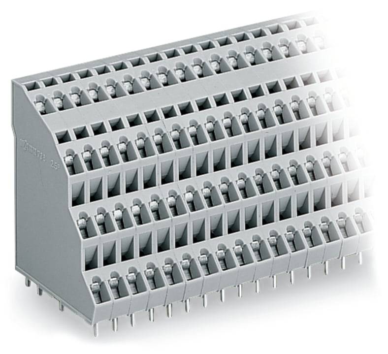 Ein grauer mehrstufiger Klemmleistenverbinder mit mehreren Drahteinführungspunkten und Metallstiften, der für sichere elektrische Verbindungen verwendet wird.