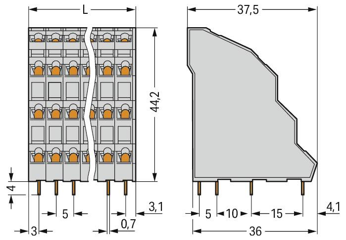 Technisches Diagramm einer elektronischen Komponente mit Seitenansicht-Abmessungen von 37,5 mm Breite und 44,2 mm Höhe. Stifte und Schlitze sind gekennzeichnet.