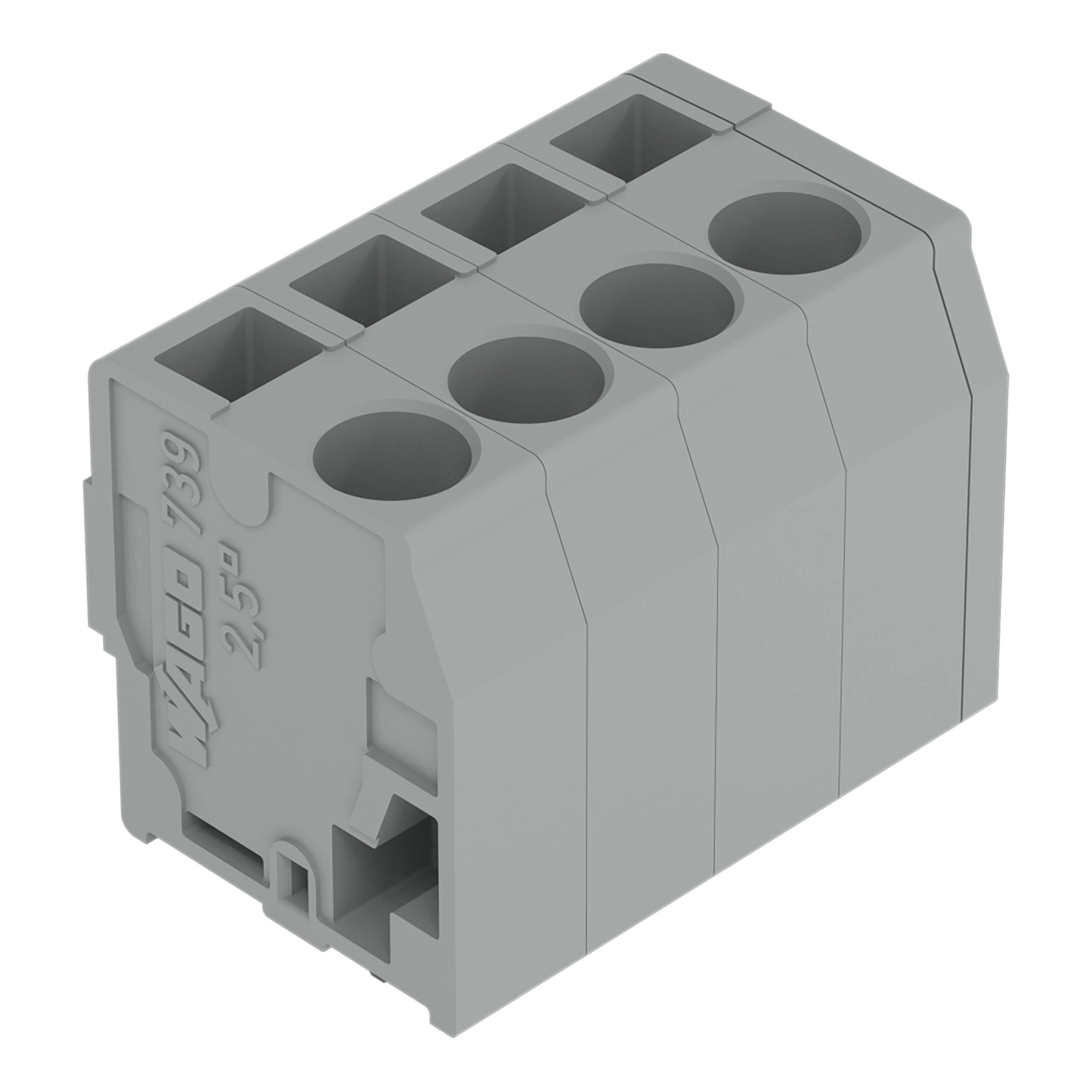 Ein vierteiliger grauer Elektrostecker mit zwei Ebenen für die Kabeleinführung, geeignet zum Befestigen mehrerer Kabel in einer elektrischen Anlage.