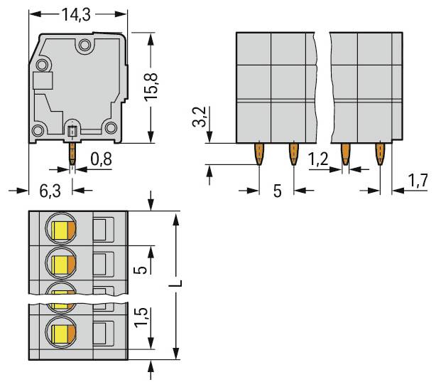 Technische Zeichnung einer elektrischen Komponente mit Abmessungen. Draufsicht: 14,3mm breit, 15,8mm hoch. Seitenansicht: 6,3mm Länge, 0,8mm Stiftdicke.