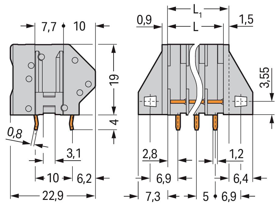 Technisches Diagramm einer Komponente mit detaillierten Abmessungen in Millimetern, mit Hervorhebung von Abmessungen, Bohrungspositionen und Anschluss­punkten.