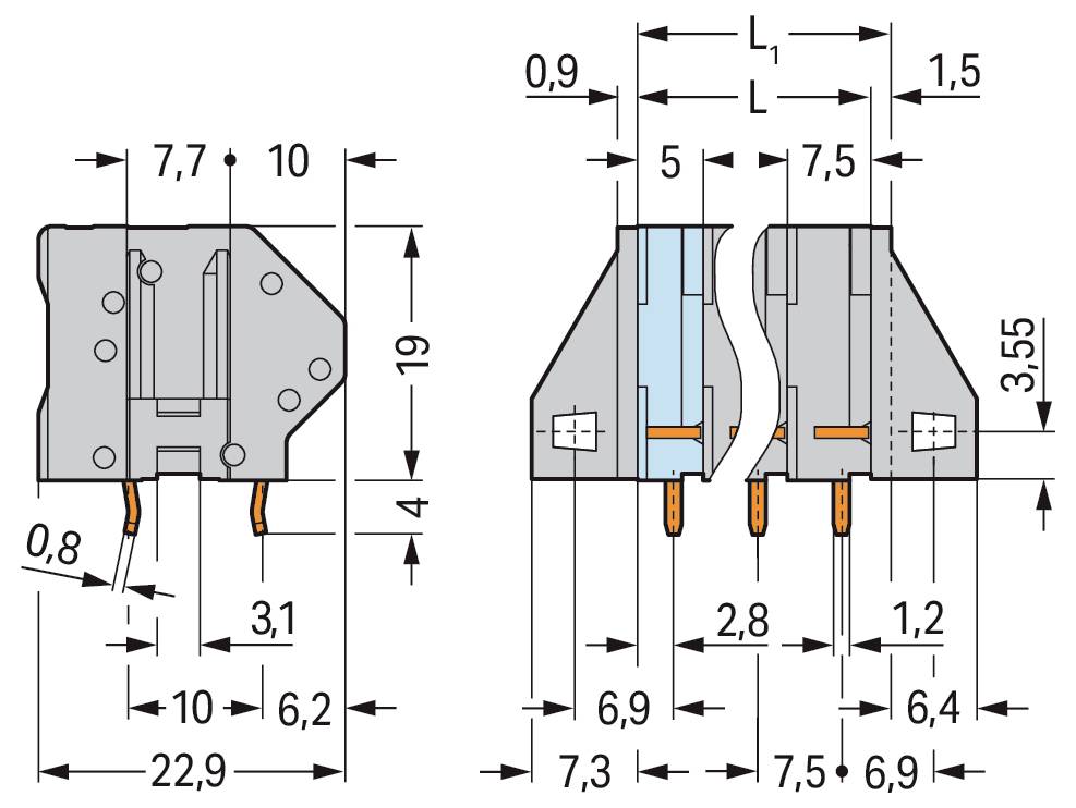„Diagramm, das eine Steckerverbinderbaugruppe mit beschrifteten Abmessungen zeigt: Breite 5 mm, Höhe 30 mm und Tiefe 18,3 mm. Hinweis: L = Polzahl × Modulbreite.