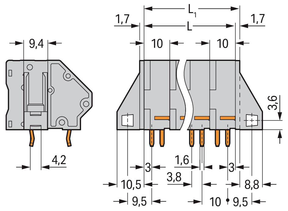 Ein orange-weißes elektronisches Bauteil mit Tasten und Anschlüssen, das einem Anschlussblock ähnelt, von vorne betrachtet.