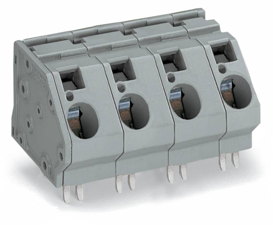 Ein grauer vierpoliger Klemmblock ohne Schrauben mit mehreren Drahteinführungspunkten und Stiften für elektrische Verbindungen.