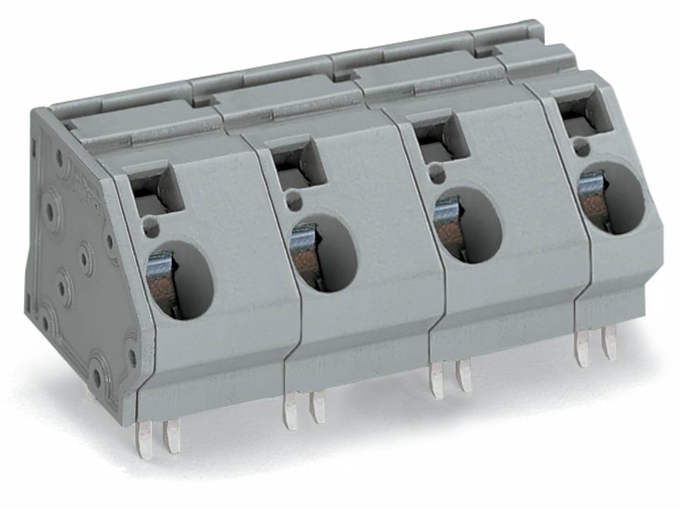 Ein grauer Vierfach-Klemmblock mit Schraubanschlüssen zur Befestigung von Elektrokabeln, konzipiert für den Einsatz in elektronischen Schaltkreisen.