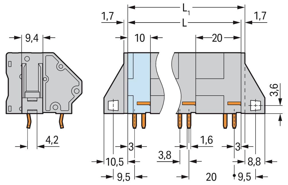 Detailliertes Anschlussdiagramm mit Abmessungen: 24,7 x 27,8 mm auf der linken Seite, 38,5 mm auf der rechten Seite, beide Enden ø 10 mm, Gesamtlänge L.