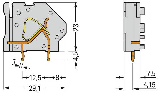 Technisches Diagramm eines elektrischen Bauteils. Die linke Ansicht zeigt die Abmessungen: 29,1 mm Länge, 12,5 mm Breite, 23 mm Höhe. Die rechte Ansicht zeigt 4,15 mm Breite und 7,5 mm Höhe.
