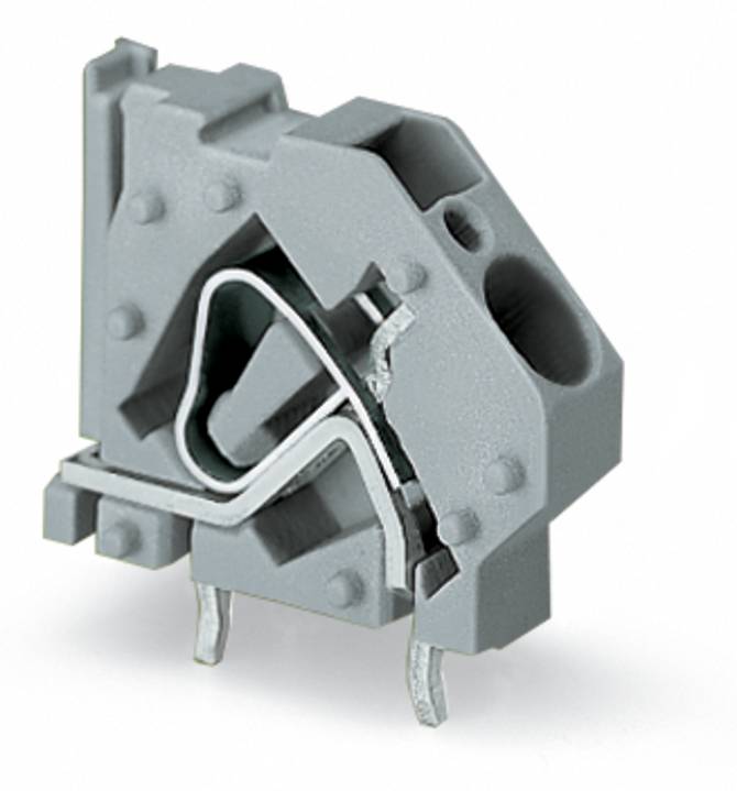 Eine graue mechanische Komponente mit zwei Metallverbindern an der Basis, mit sichtbarem internem Mechanismus und symmetrischem Design.