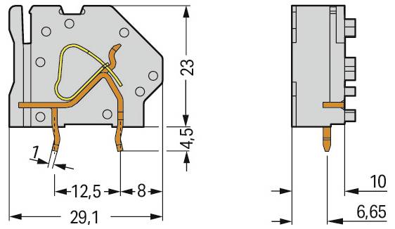 Technisches Diagramm einer elektrischen Komponente mit Abmessungen: Länge 29,1 mm, Abstand 12,5 mm und Höhe 23 mm, Seiten- und Vorderansicht.